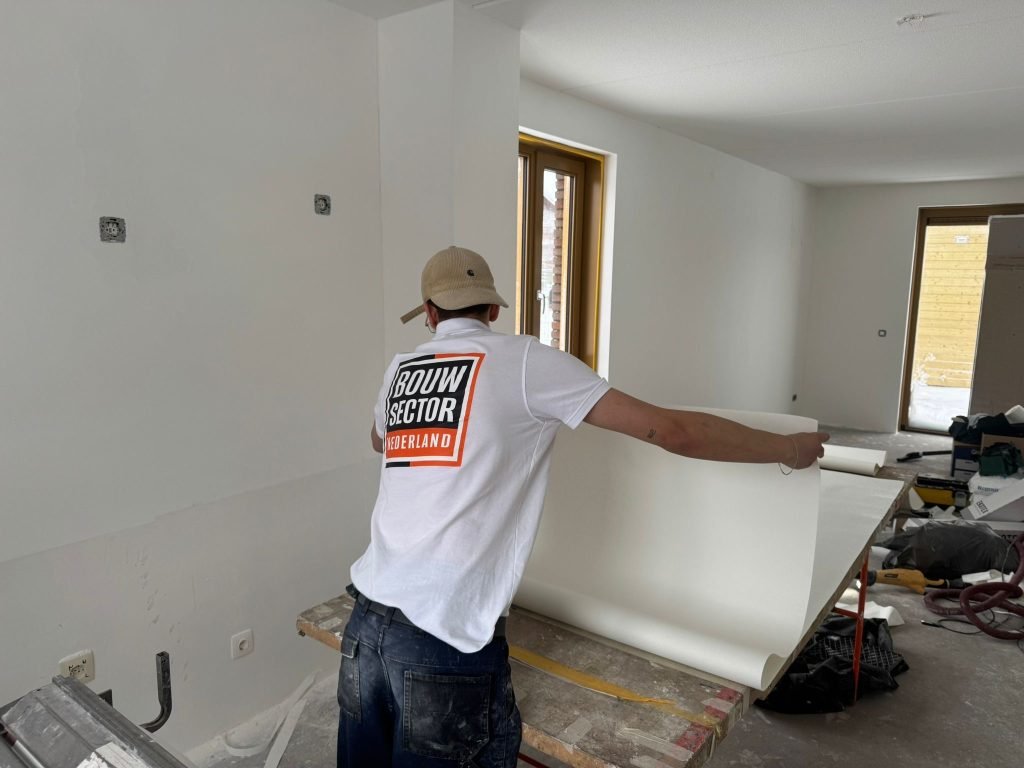 Vakman van Bouwsector Nederland rolt een baan renovlies uit over de plaktafel in een nieuwbouwwoning